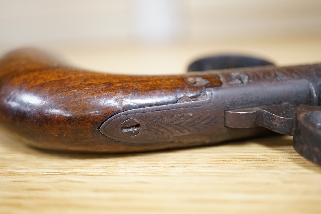 A boxlock percussion pocket pistol with turn off barrel etched with ribbon twist, engraved rounded frame, liege proved, with rounded walnut butt